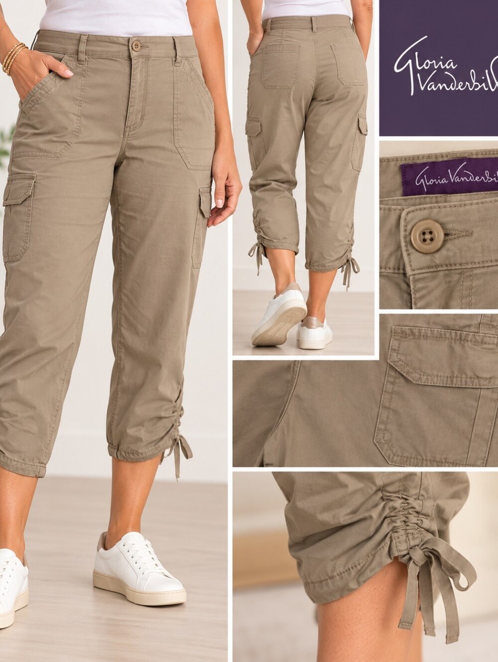 Gloria Vanderbilt Khaki Cargo Pants Size 16 Ruched Tie Hem Utility